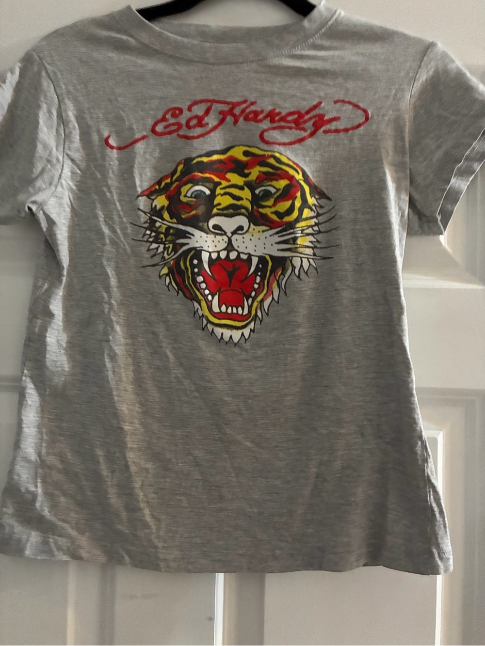 Ed Hardy Gray Short Sleeve Tee with Red & Yellow Tiger Graphic